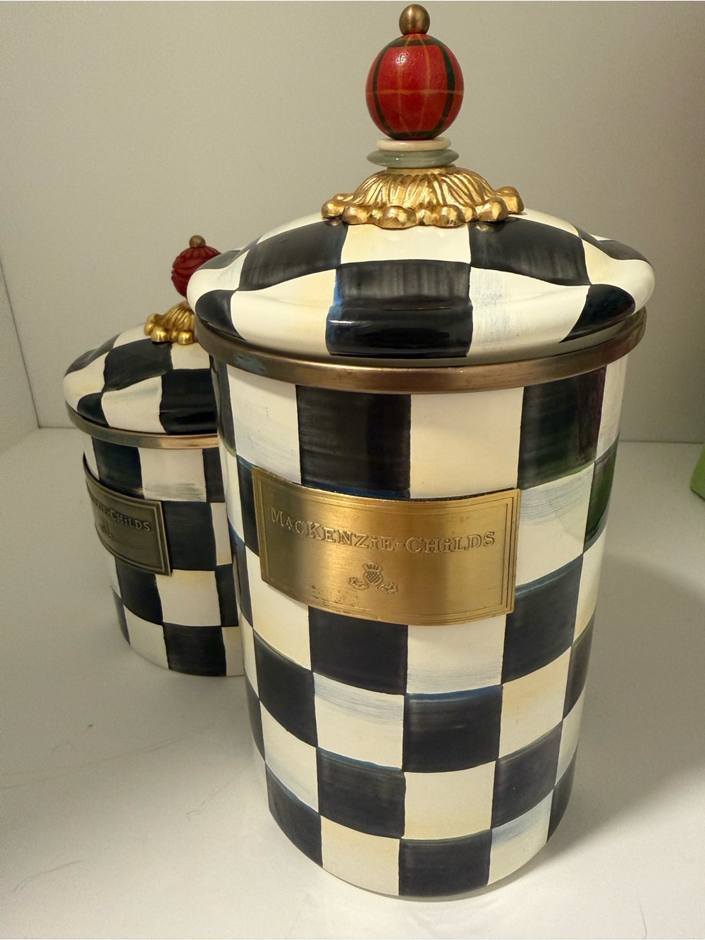 MacKenzie-Childs Black & White Courtly Check Ceramic Canister with Tartan Finial